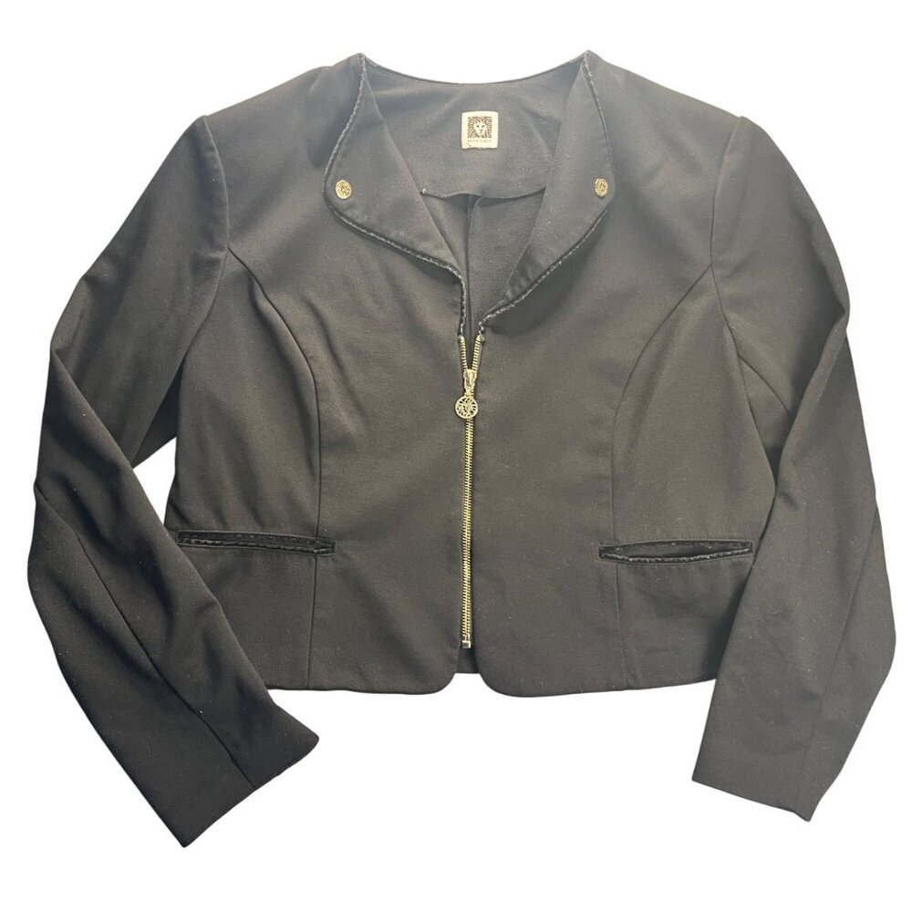 Anne Klein Black Cropped Blazer W/Gold Zipper & Lion Detail Womens Size M